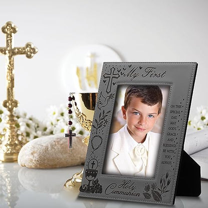 BELLA BUSTA- My First Holy Communion Picture frame-Cross and Chalice, Religion, Christian Traditions Occasion-Engraved Photo Frame (5x7 Vertical (Gray)) - size: 5x7 Vertical (Gray)
