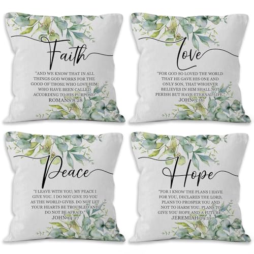 Bible Verse Christian Pillow Covers 18x18 Set of 4, Eucalyptus Leaf Botanical Home Decor, Scripture Floral Eucalyptus Leaf Pillow Covers for Home Bedroom Couch - color: Christian Decor-9