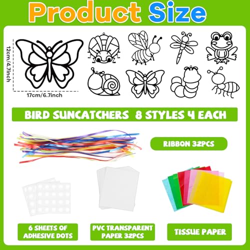 Lonfliness 32 Sets Spring Bug Suncatchers Craft Kit DIY Insect Window Stained Glass Effect Paper Butterfly Bee Home School Classroom Decoration Summer Art Creative Activity Project Gift Favor - style: Insect