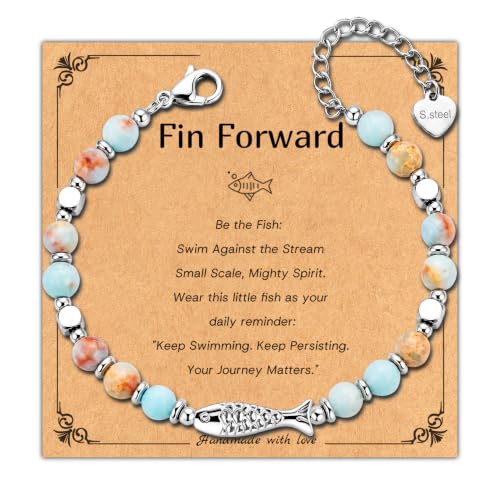 Bracelet for Women Natural Stone Beaded, Stainless Steel Charms, Adjustable - color: 16-Fish
