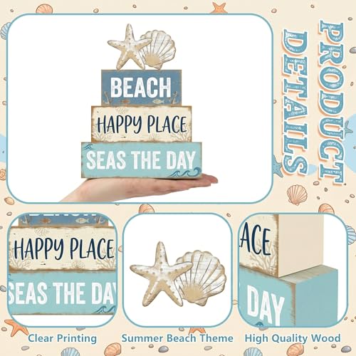 Britimes Tiered Tray Decor Set, 4 Pack, Wooden Table Signs, Coastal Beach - style: Coastal Beach
