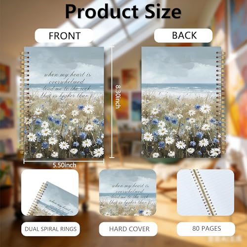 Beach Wildflowers Hardcover Spiral Notebook - Christian Religious Psalm 61:2 Bible Verse Journals for Teens Women Men, Coastal Ocean Blue Daisy Prayer Church Notes Journaling Gifts for Writing - color: Ccolor001