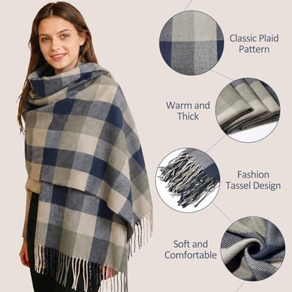 Loritta Winter Scarf for Women, Long Plaid Shawl Wraps Scarves Gifts - color: F-blue Grey Lattice