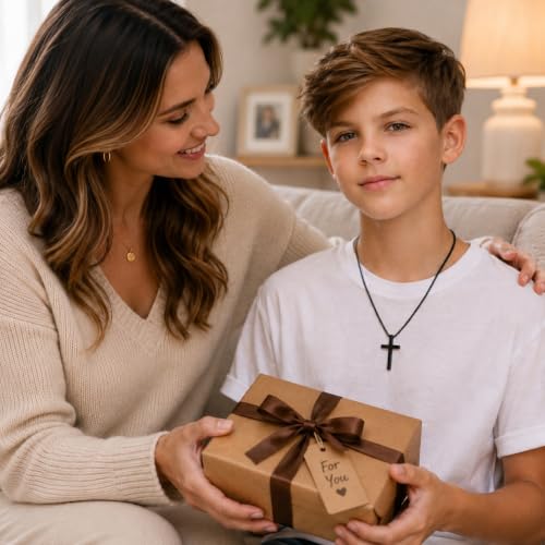 Small Cross Necklace for Boys Baptism Christmas Confirmation Valentines Easter Birthday Gifts to Teens Son Grandson Nephew - color: black, style: Grandson-1