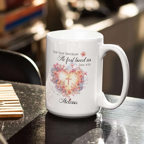 Floral Heart And Cross Design Accent Mug, Customized Name Christian Bible Verse Cup, Gift For Christian Men Women, Personalized Religious Coffee Mug 11oz 15oz, Custom Bible Verse Ceramic Cup - color: HOA-624-2166-WE LOVE MUG