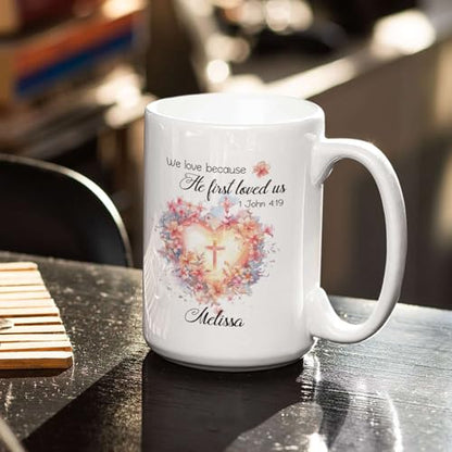 Floral Heart And Cross Design Accent Mug, Customized Name Christian Bible Verse Cup, Gift For Christian Men Women, Personalized Religious Coffee Mug 11oz 15oz, Custom Bible Verse Ceramic Cup - color: HOA-624-2166-WE LOVE MUG