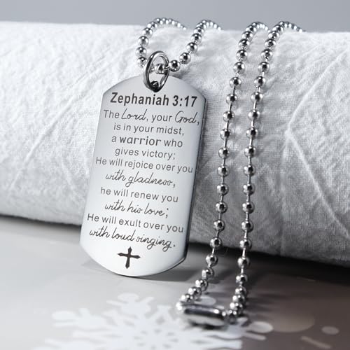Christian Scripture Religious Dog Tag Necklace,Catholic Bible Verse Baptism Confirmation Sacrament Gifts - style: Zephaniah 3:17