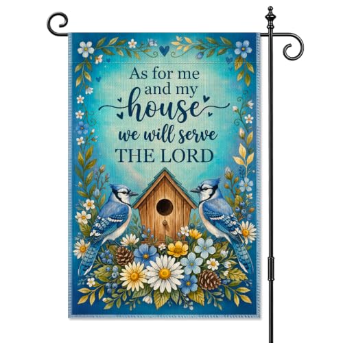 As for Me and My House We Will Serve the Lord Blue Jay Garden Flag - color: Blue, Yellow, Beige, Cream
