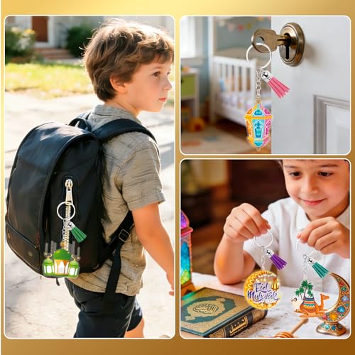HOWAF 12pcs Eid Ramadan Keychains Set, Eid Mubarak Acrylic Keychain Making Kits with Rings and Tassels, Ramadan Mubarak DIY Craft Keyring for Muslim Celebration Gift Set
