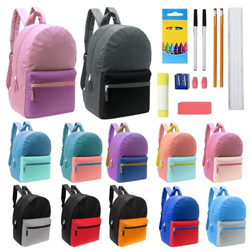 12 Pack 17" Bulk Backpacks with 16 Piece School Supply Kit, 12 Colors - color: 2 Tone, size: 16 Piece SS Kit