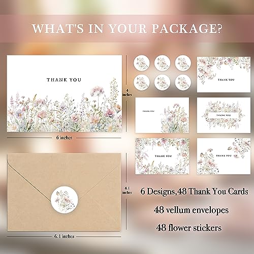 SLAPAFLIFE Floral Thank You Cards with Envelopes,48Pack - 4x6 Inches Thank You Notes with envelope and stickers,baby shower thank you cards,Thank you cards for baby shower,wedding,Birthday - size: 4x6 inches