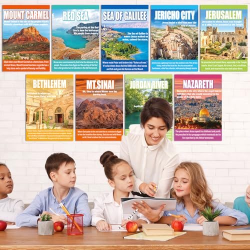 gisgfim 9 Pcs Bible Story Map Posters Bible Christian Posters for Classroom Decorations Sunday School Religious Bullet Board Middle High School Educational Poster Books VBS Scripture Church Decor