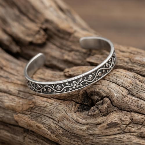 Stainless Steel Vintage Floral Open Cuff Bracelet for Women