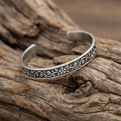 Stainless Steel Vintage Floral Open Cuff Bracelet for Women