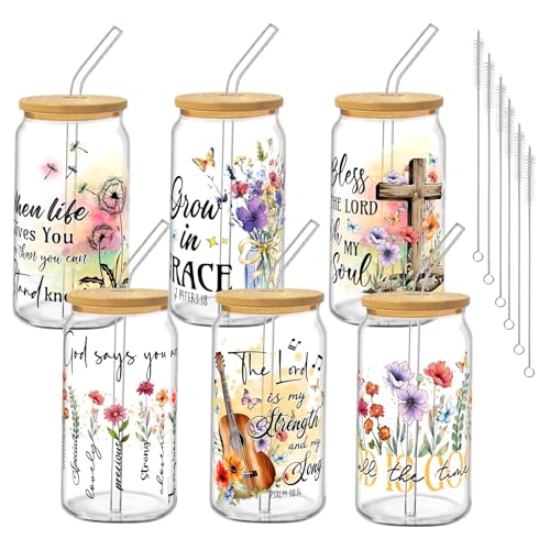 Glass Cups with Lids and Straws, 6Pack, 16oz, Christian - style: Christian