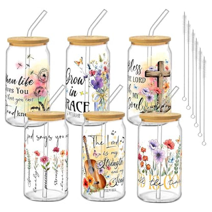 Glass Cups with Lids and Straws, 6Pack, 16oz, Christian - style: Christian