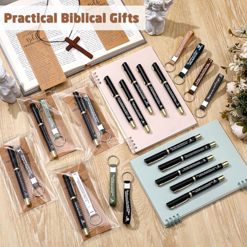 Feifeiya 25 Sets VBS Christian Church Gifts Bulk Bible Verse Plastic Gel Pen Religious Silicone Keychains Scripture Bookmarks for Men Women Empowerment Sunday Study Group Gifts(Black) - color: Black