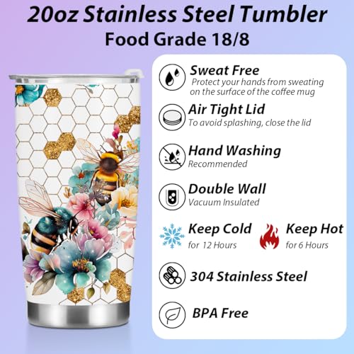 Inspirational Gifts for Women Men Bee Tumbler, Positive Bee Gifts for Coworker Boss Friends Sister Birthday Christmas, Coffee Mug Stainless Steel Vacuum Insulated Double Wall Travel Cup with Lid, 20oz - color: Bee 1156