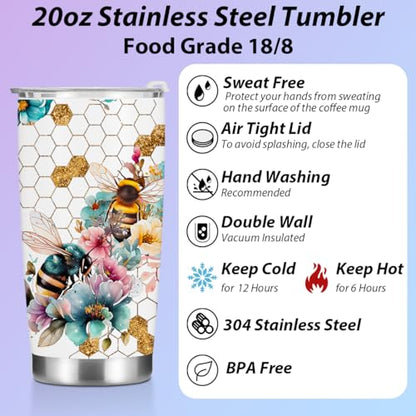 Inspirational Gifts for Women Men Bee Tumbler, Positive Bee Gifts for Coworker Boss Friends Sister Birthday Christmas, Coffee Mug Stainless Steel Vacuum Insulated Double Wall Travel Cup with Lid, 20oz - color: Bee 1156