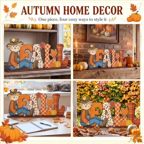 Yousoontic Fall Scarecrow Table Decorations Wooden Autumn Table Centerpieces Farmhouse Pumkin Maple Leaves Tabletop for Home Harvest Thanksgiving Kitchen Office(Fall) - style: Fall