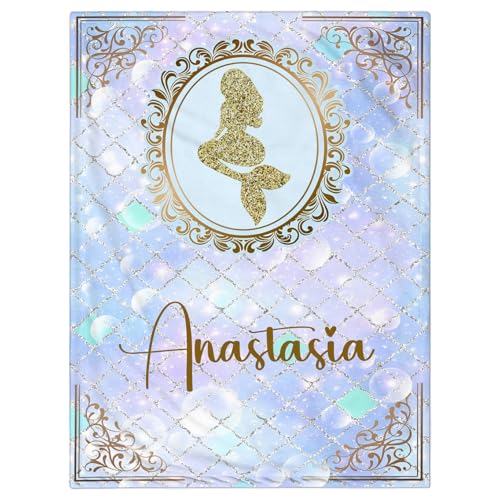 Personalized Baby Blanket for Girls, Custom Baby Blanket with Name, Customized Name Blankets for Kids, Soft Cozy Mermaid Receiving Blankets for Infant Toddler, Babys Gifts for Birthday - color: Cute Mermaid