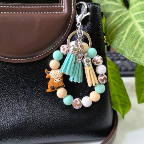SHINYHARBOR Silicone Beaded Wristlet Keychain Bracelet,Key Wrist Keychains for Women Mom Teachers Best Friend - color: Cow-green