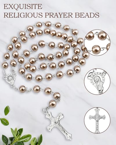 Rosary Beads for Women - Catholic Rosary Beads with Cross, Pink Crystal Rosary Necklace with Velvet Pouch, Religious Gifts for Women - color: Brown