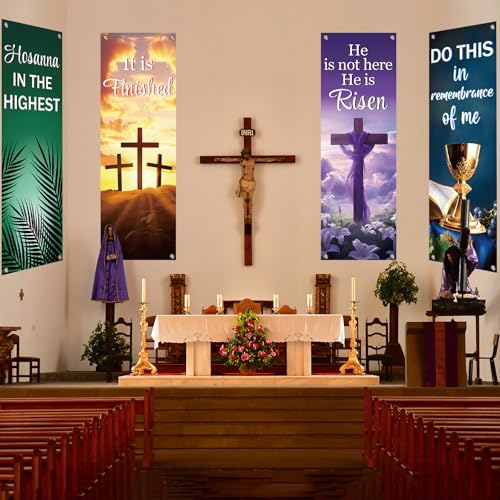 4Pcs Easter Church Banners for Sanctuary Wall Welcome Religious Banners Hanging Backdrop Easter Porch Signs Bible Verses Banner Scripture Hanging Signs for Church School Decor - style: Religious Scripture