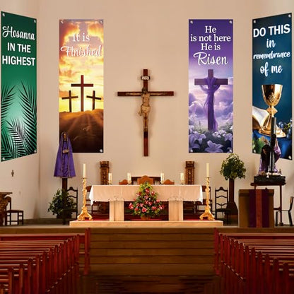 4Pcs Easter Church Banners for Sanctuary Wall Welcome Religious Banners Hanging Backdrop Easter Porch Signs Bible Verses Banner Scripture Hanging Signs for Church School Decor - style: Religious Scripture