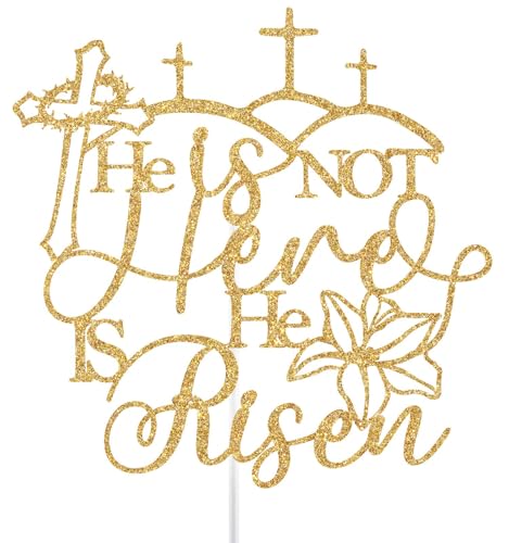 He is not Here He is Risen Cake Topper, Spring Easter Religious Party Decorations, Empty Tomb Jesus is Risen Decorations Gold Glitter
