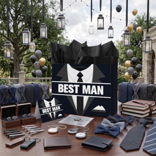 Best Man Gift Bag Set for Men, Groomsmen Gift Proposal Bag with Tissue Paper Card Envelope Sticker for Wedding Groomsman Proposal, Bachelor Party, Groom Squad Invitation, Rehearsal Dinner Thank You Gifts