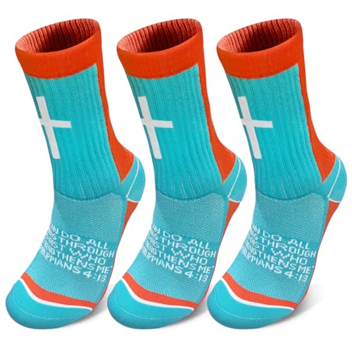 3 Pairs Cross Socks with Bible,Philippians 4: 13 Christian Socks US 6-13, Grip Sport Sock for Football, Soccer, Gym - color: Blue