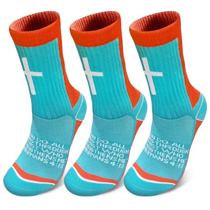 3 Pairs Cross Socks with Bible,Philippians 4: 13 Christian Socks US 6-13, Grip Sport Sock for Football, Soccer, Gym - color: Blue