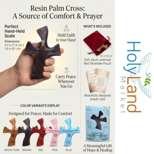 Holy Land Market Healing Palm Cross Resin – Brown Crucifix – 4.5 x 3.6 Inch Handheld Comfort Cross with Gift Box, Red Velveteen Pouch & Comfort & Healing Prayer Card – Christian Spiritual Support Gift – Healing Cross™, Handheld Design - color: Brown Or Da