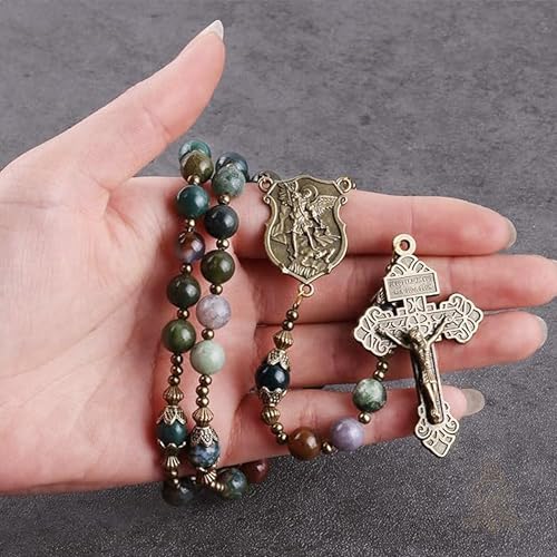Catholic Town 8mm India Agate Natural Stone Beads, Large Rosary with Caps Saint Michael the Archangel Medal and Pardon Crucifix (CTROSSMA-IA)