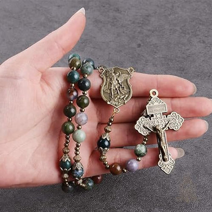 Catholic Town 8mm India Agate Natural Stone Beads, Large Rosary with Caps Saint Michael the Archangel Medal and Pardon Crucifix (CTROSSMA-IA)