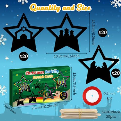 CY2SIDE 60PCS Easter Nativity Star Scratch Card Gift Set for Kid, DIY Jesus Birth Christian Scratch Paper Art for Kids School Activity, Religious Magic Art Rainbow Color Xmas Tree Hanging Ornament - style: Christmas Star