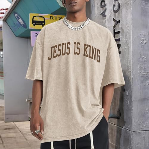 Mens Christian Shirts Jesus is King Love You Tshirt God Faith Religious Bible Verse Oversized Acid Wash Graphic Tees - color: Apricot, size: Small