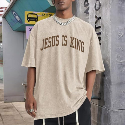 Mens Christian Shirts Jesus is King Love You Tshirt God Faith Religious Bible Verse Oversized Acid Wash Graphic Tees - color: Apricot, size: Small