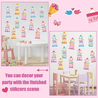 CY2SIDE Valentines Gumball Machine Stickers - 12 Sets of Valentine’s Day Conversation Heart Sticker Art Craft for Kids School Activities Make A Bubble Gum Machine Scene with Heart Bear Party Favors - style: Bubble gum machine
