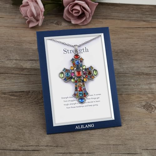 Alilang Silver Tone Stained Glass Rhinestone Patonce Cross Pendant Necklace with Religious Message Card & Envelope Christian Jewelry - style: Strength and Struggle