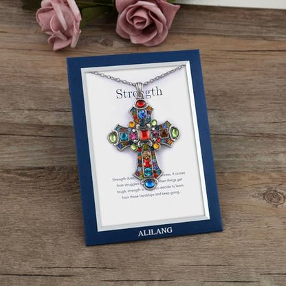 Alilang Silver Tone Stained Glass Rhinestone Patonce Cross Pendant Necklace with Religious Message Card & Envelope Christian Jewelry - style: Strength and Struggle