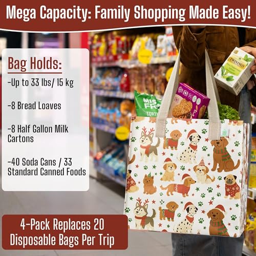 VENO 4 Pack Large Grocery Bag Reusable Shopping Bags with Hard Bottom - color: Holiday Pups - 4 Pack