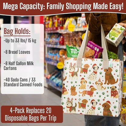 VENO 4 Pack Large Grocery Bag Reusable Shopping Bags with Hard Bottom - color: Holiday Pups - 4 Pack