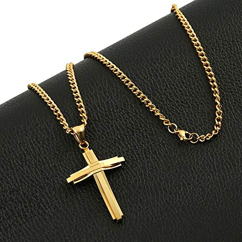 HZMAN Mens Polished Stainless Steel Silver Cross Pendant Necklace - color: Gold