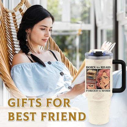 Book Lovers Gifts, 40oz Tumbler with Handle and Straw for Book Lover - color: BookGirl-White