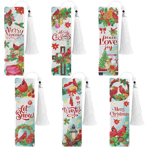 Christmas Cardinal Diamond Art Bookmarks, 6 Pcs DIY Holiday Bookmark Making Kit with Tassels and Gift Box, Diamond Painting Christmas Crafts for Adults and Kids - style: Christmas Cardinal