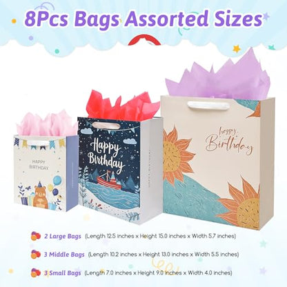 8 Pack Happy Birthday Gift Bags with Handles Tissue Paper Assorted Sizes
