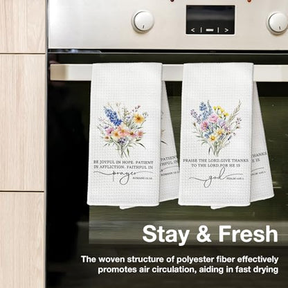 Christian Floral Kitchen Towels, Bible Verse Wildflower Decorative Tea and Dish Towels, Christian Gifts for Women Faith, Religious Decor Hand Towel for Bathroom, 16x24 Inch Set of 2