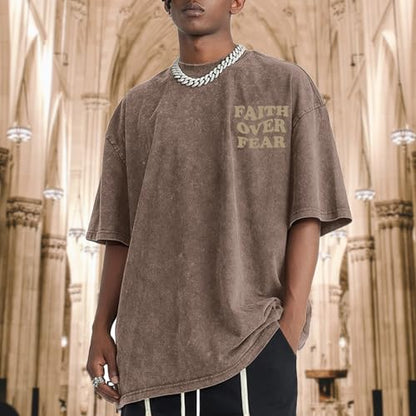 Christian Shirts for Men Faith Over Fear Oversized Tees - color: Coffee, size: Large